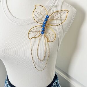 Handmade Oversized Butterfly Brooch, One-of-a-Kind w/ Vintage Beads & Gold Chain
